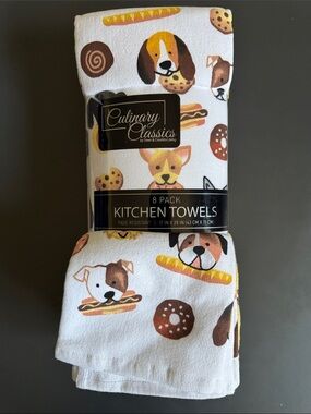 Culinary Classics 8 Piece Kitchen Towel Set Stolen Dog Treat White Yellow Brown